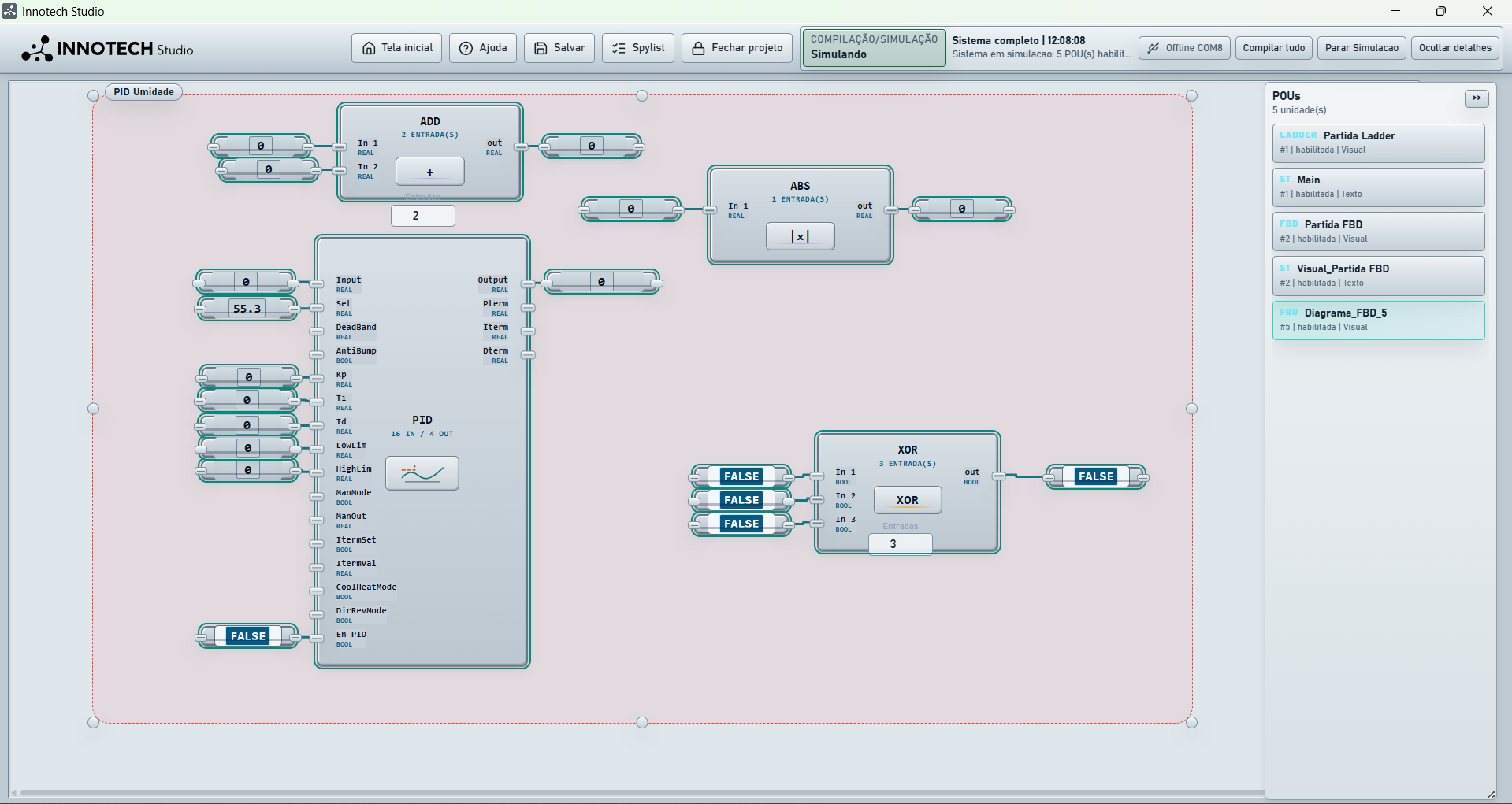 Editor visual FBD com bloco PID no Innotech Studio